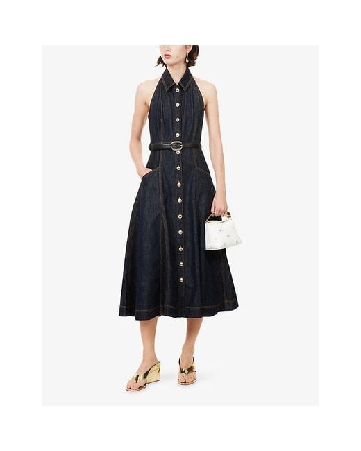Self-Portrait Blue Halter-Neck Belted Denim Midi Dress