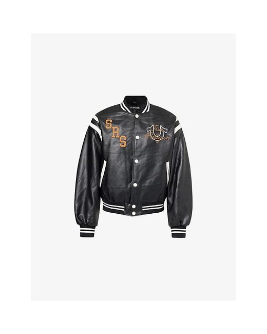 True Religion Black Retro Logo-Patch Faux-Leather Varsity Jacket for men