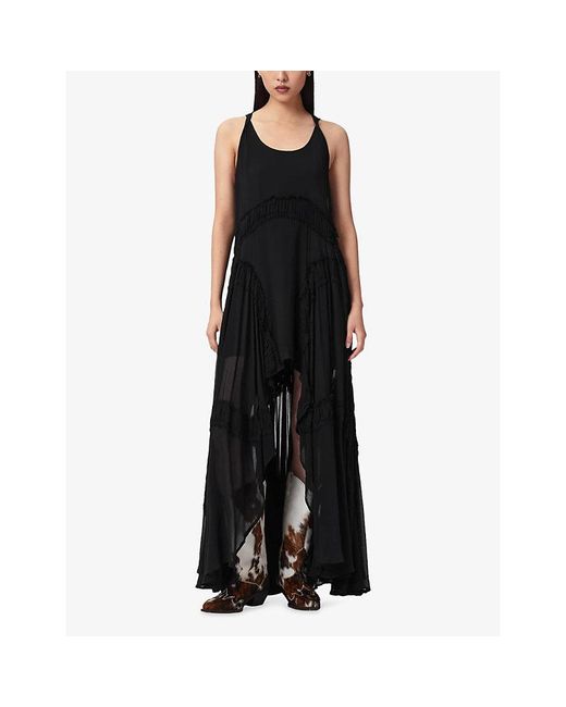 AllSaints Black Dorina Frill-Hem Sleeveless Cotton Midi Dress