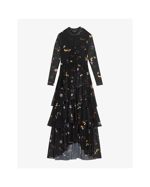Ted Baker Floral-print Tiered-skirt Stretch-woven Midi Dress in Black | Lyst