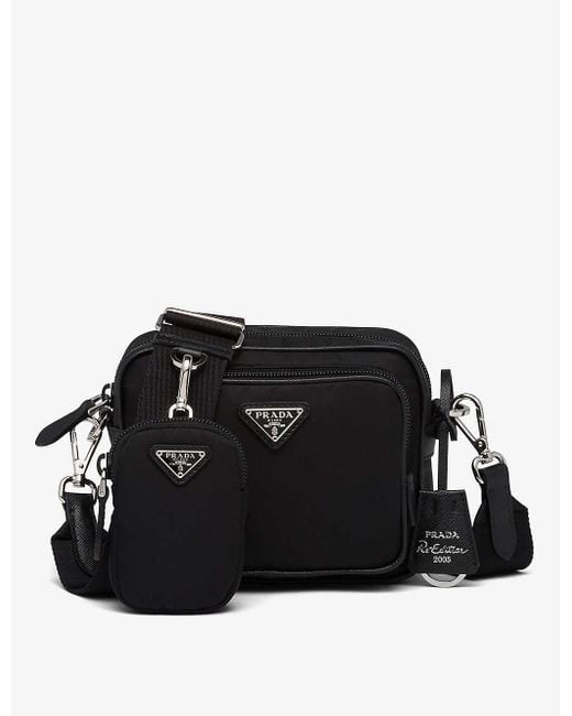 Prada Ladies Black Leather And Re-nylon Cross-body Bag | Lyst