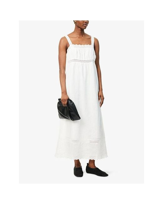 Posse White Grace Lace-Trim Shift Ramie Midi Dress
