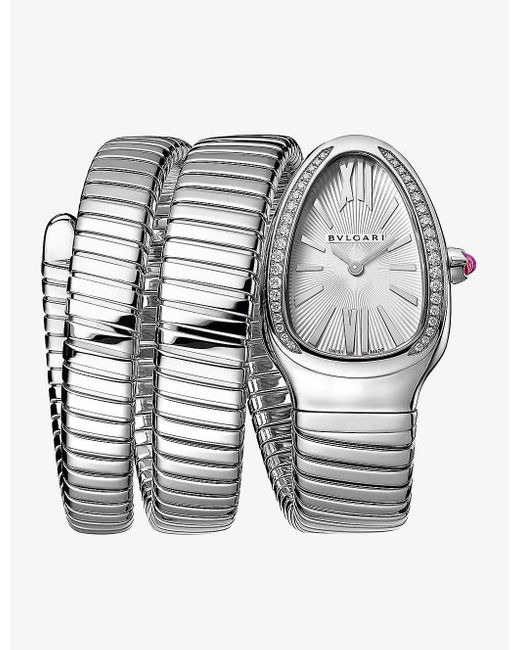 BVLGARI Gray Unisex Sp35c6sds2tl Serpenti Tubogas Stainless-steel And 0.401ct Brilliant-cut Diamond Quartz Watch