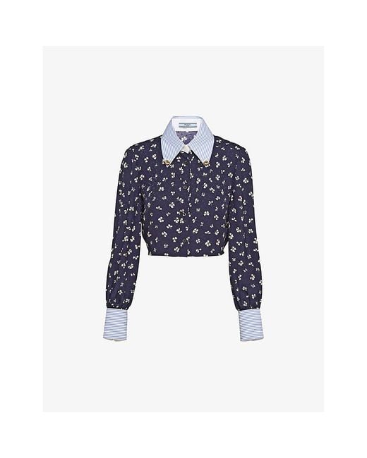 Prada Floral Pattern Cropped Silk Shirt in Blue Lyst UK