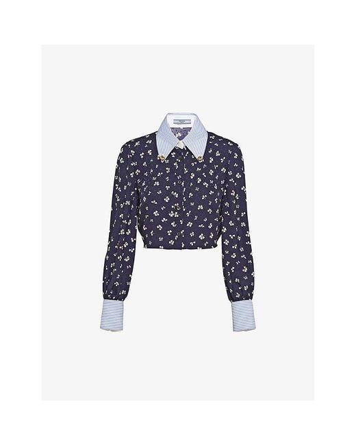 Prada Blue Floral-pattern Cropped Silk Shirt
