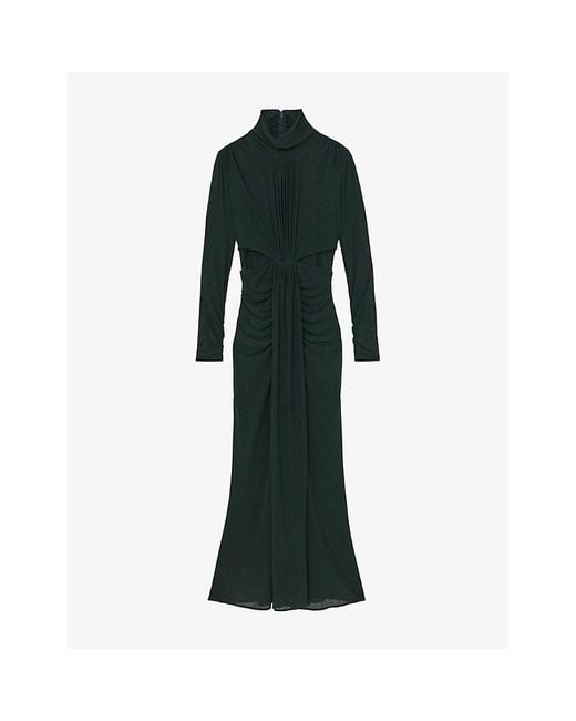 Reiss Green Danni Ruched-Front Long-Sleeve Stretch-Jersey Maxi Dress