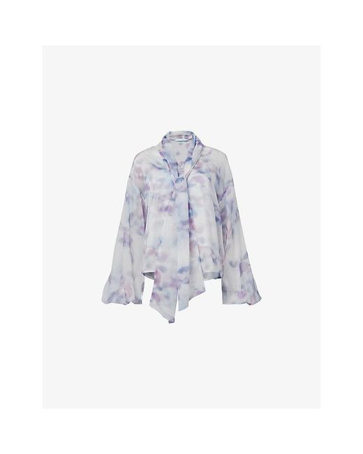 eem Blue Floral-Print Tie-Neck Chiffon Blouse