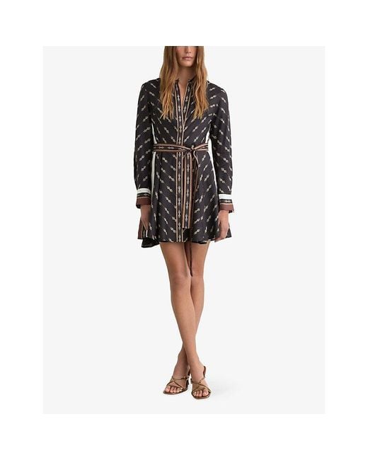 Reiss Black Nina Chain-Print Belted-Waist Woven Mini Dress