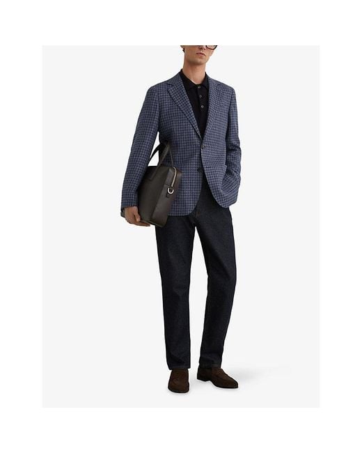 Reiss Blue Romana Notch-Lapel Dogtooth Wool And Linen Blazer for men