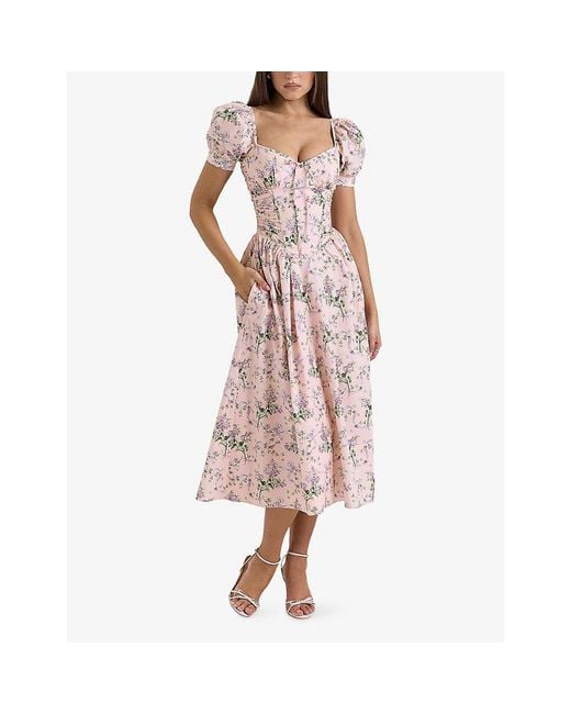 House Of Cb Pink Lulabell Floral-Print Stretch-Cotton Midi Dress