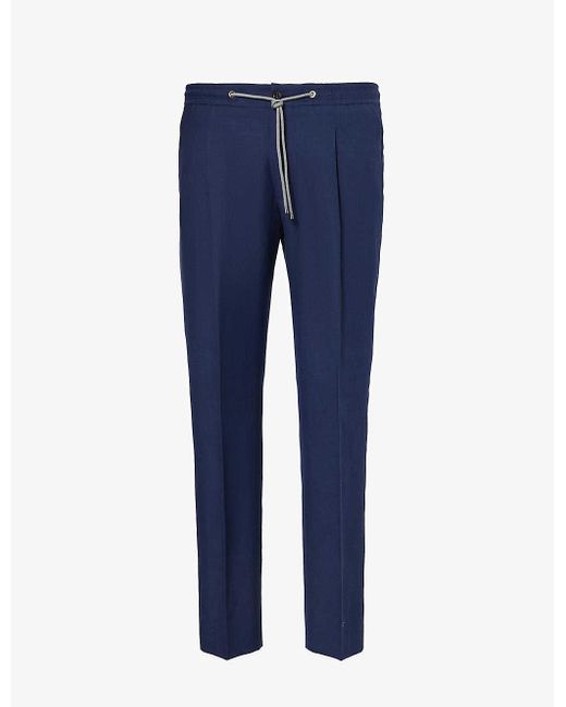 Corneliani Blue Drawstring-waist Tapered-leg Linen Trousers for men