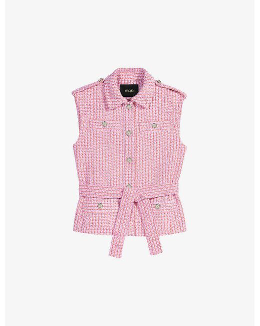 Maje Pink Sleeveless Belted Tweed Jacket