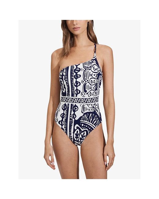 Reiss Blue Oliva One-shoulder Graphic-print Swimsuit
