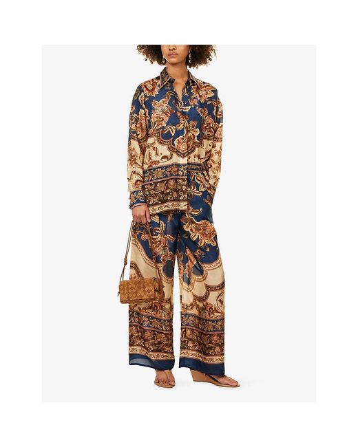 Zimmermann Blue Aster Wide-Leg Silk Trousers