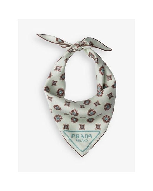 Prada Metallic Floral-print Branded Silk Scarf