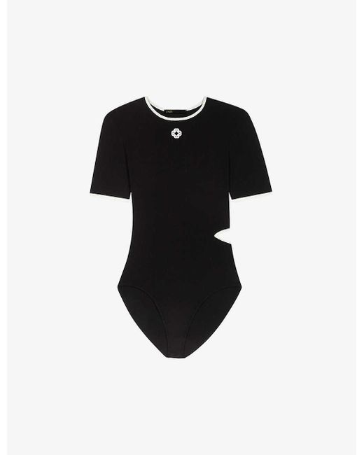 Maje Black Logo-embroidered Cut-out Stretch-woven Bodysuit