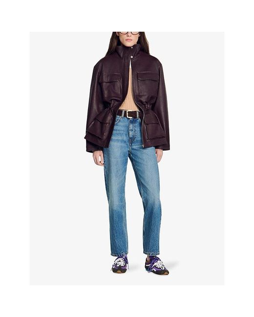 Sandro Brown High-Neck Four-Pocket Leather Jacket
