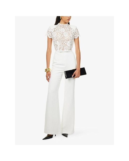 Nadine Merabi White Hattie Wide-Leg Woven Lace-Bodice Jumpsuit