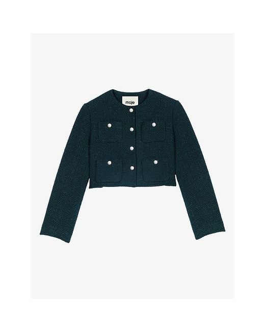 Maje Blue Round-Neck Tweed Cotton-Blend Jacket