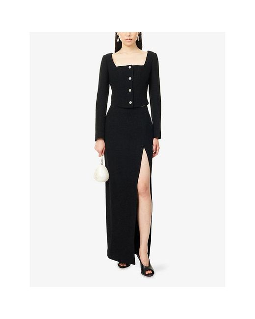Alessandra Rich Black Bouclé Split Wool-Blend Maxi Skirt