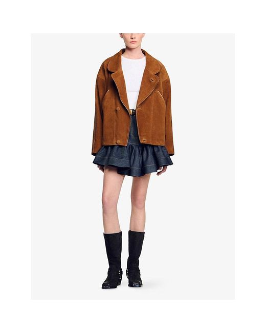 Sandro Brown High-Neck Relaxed-Fit Suede Jacket