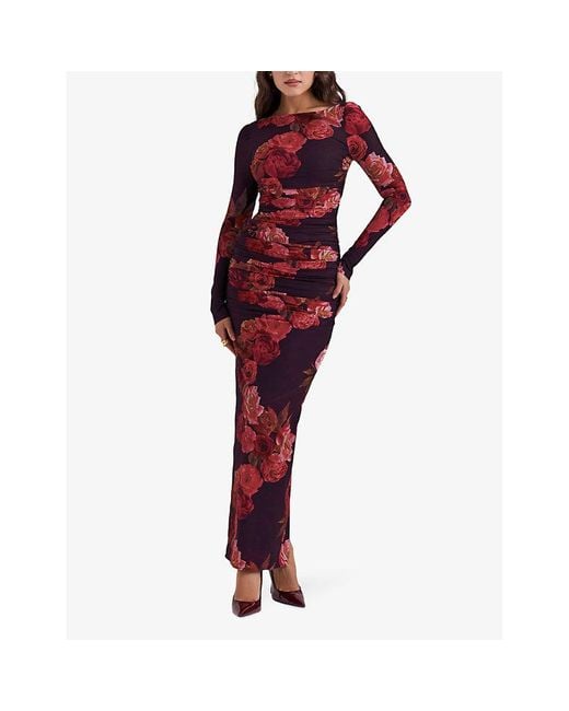 House Of Cb Red Lanetta Floral-print Stretch-woven Maxi Dress