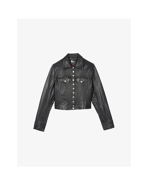 The Kooples Black Branded-Hardware Cropped Leather Jacket