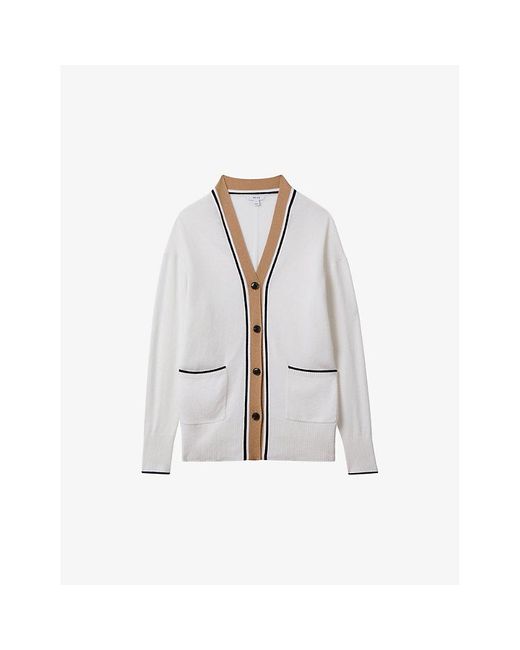 Reiss White Carly V-neck Contrast-trim Wool-blend Cardigan