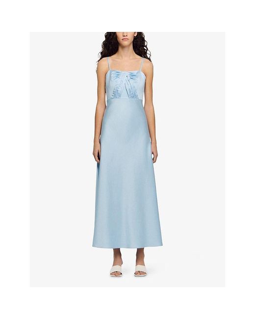 Sandro Blue Bow Square-Neck Satin Maxi Dress