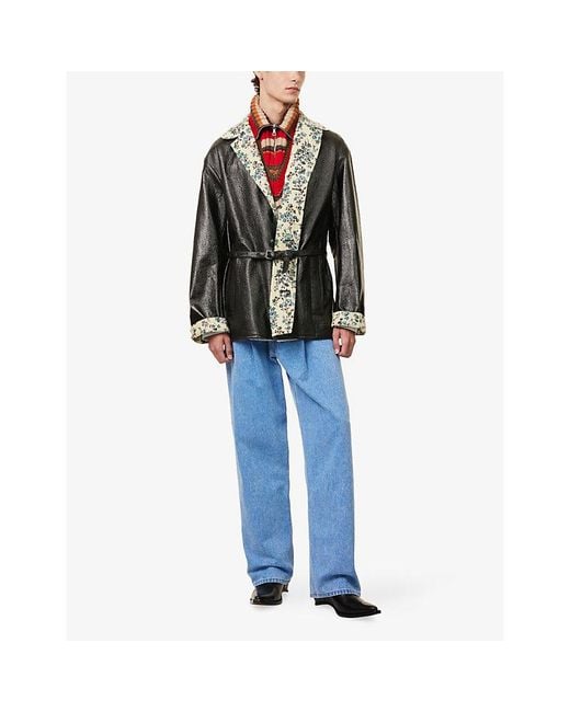 Dries Van Noten Black Randy Floral-Lining Waxed-Cotton Coat for men