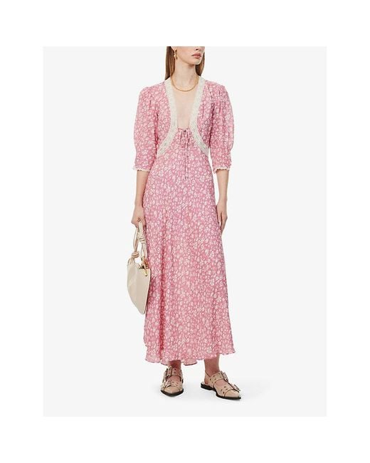 Rixo Pink Amina Lace-trim Woven Midi Dress
