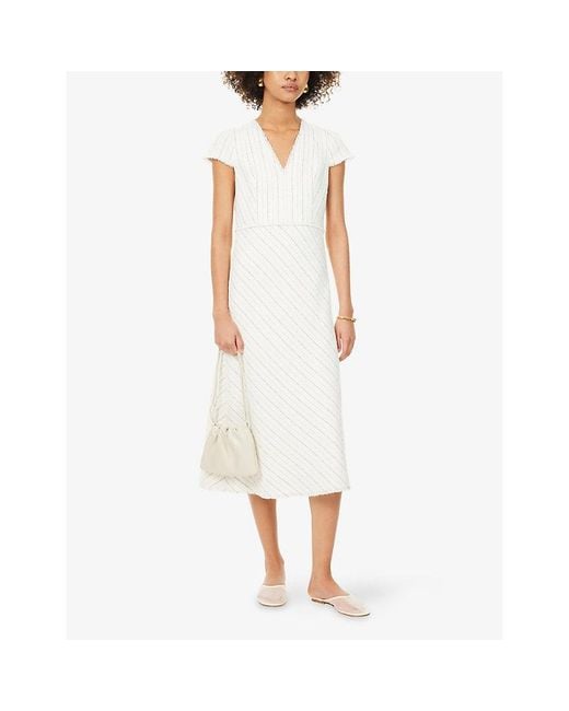 ME+EM White Textured Stripe Fit And Flare Woven Midi Dress
