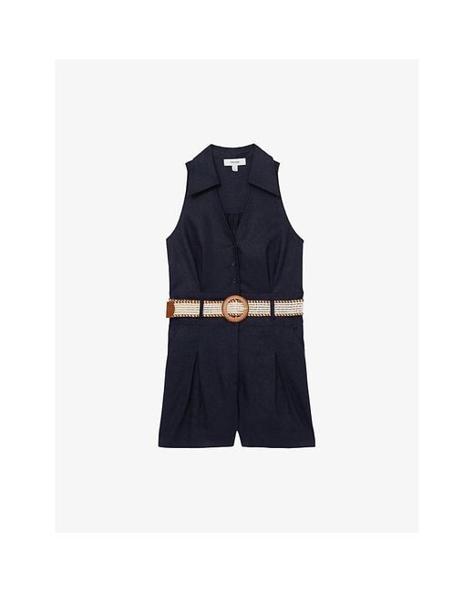 Reiss Blue Anjie Sleeveless Linen Playsuit