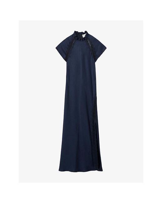 Claudie Pierlot Blue Victorian-Collar Lace-Trim Satin Maxi Dress