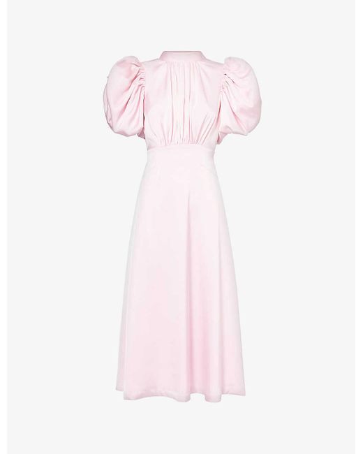 ROTATE BIRGER CHRISTENSEN Pink Puff-sleeve Pleated Satin Midi Dress