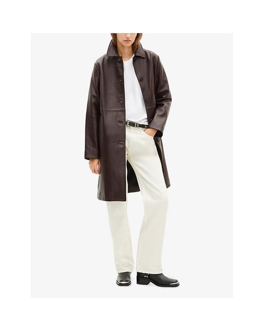 The Kooples Brown Collared Straight-Cut Leather Jacket