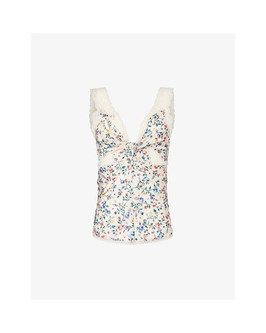 Rabanne White Floral-pattern V-neck Recycled-polyester Top
