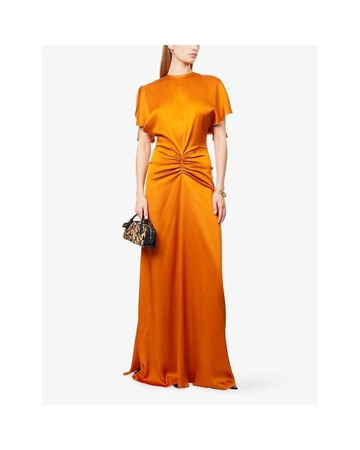 Victoria Beckham Draped Short-Sleeve Satin Maxi Dress in Orange | Lyst Victoria Beckham Draped Short-Sleeve Satin Maxi Dress in Orange | Lyst