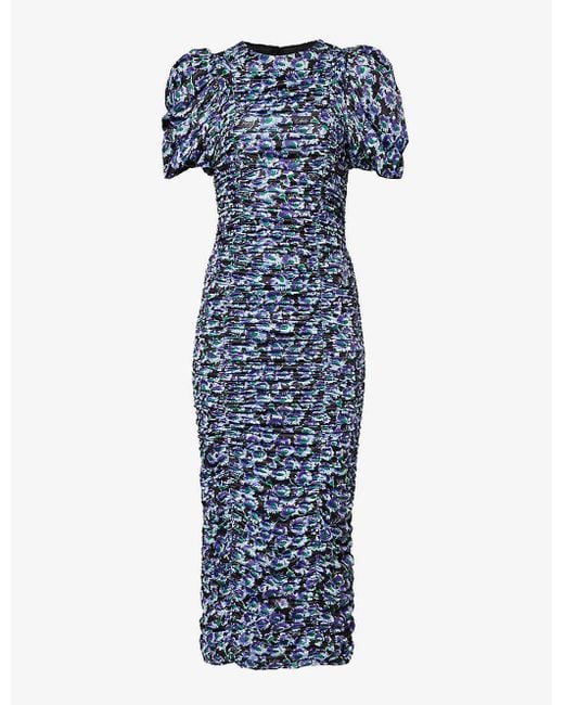 ROTATE BIRGER CHRISTENSEN Blue Floral-print Puffed-sleeve Recycled Polyester-blend Midi Dress