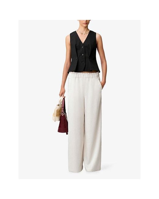Claudie Pierlot White Wide-Leg Side-Pocket Satin Trousers