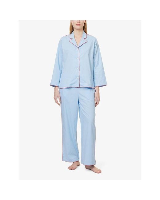 Desmond & Dempsey Blue Contrast-Trim Long-Sleeve Cotton Pyjama Set