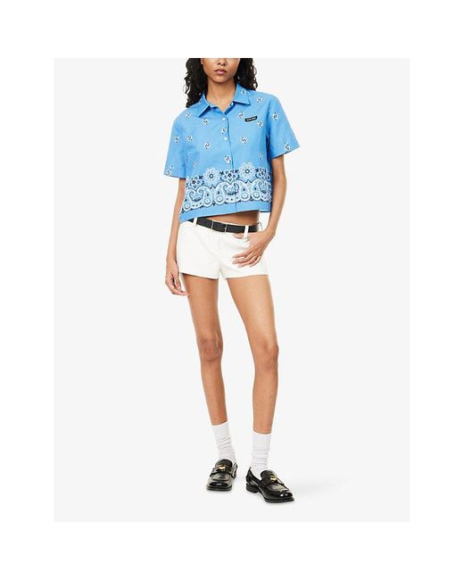 Miu Miu Blue Boxy-Fit Graphic-Pattern Cotton-And-Linen Shirt