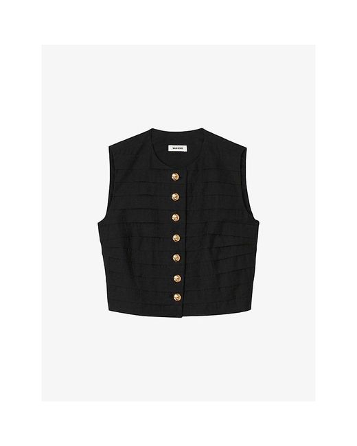 Sandro Black Button-Down Pleated Cotton-Blend Crop Top