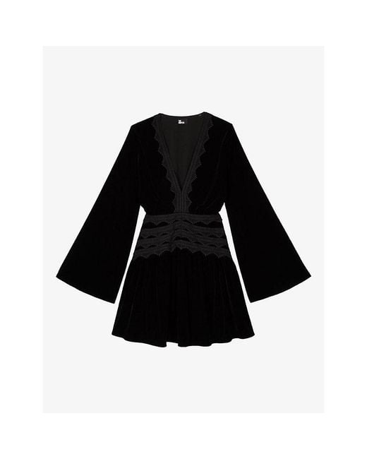 The Kooples Women's Black Lace-Embroidered Long-Sleeve Velvet Mini Dress -  thefunkyskunk.ie