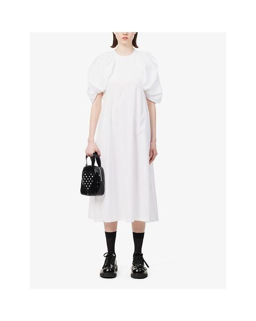 Noir Kei Ninomiya White Puff-sleeved Flared-hem Cotton-poplin Midi Dress