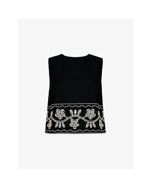 Ro&zo Black Embroidered-Panel Round-Neck Stretch-Cotton Shell Top