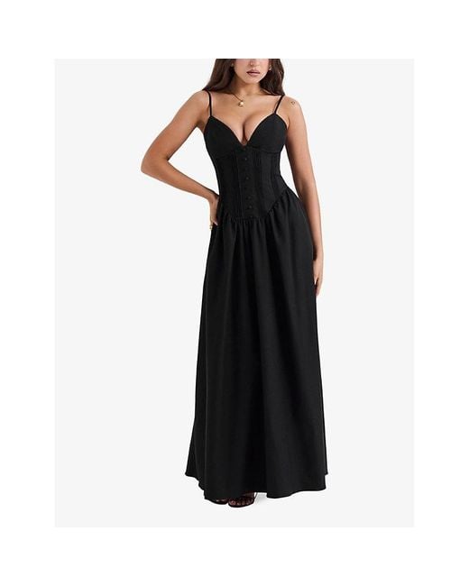 House Of Cb Black Lova Corseted Stretch-woven Maxi Dres