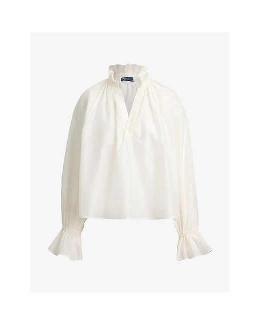 Polo Ralph Lauren White V-Neck Frilled Cotton And Silk Shirt