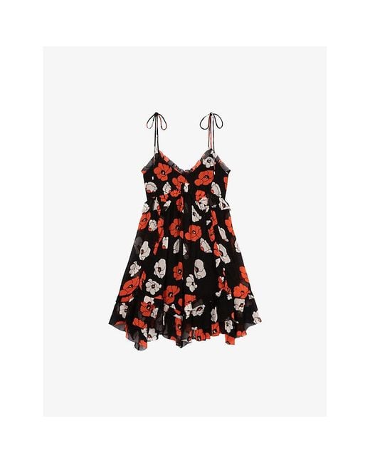 The Kooples Red Floral-Print Asymmetric-Hem Woven Mini Dress