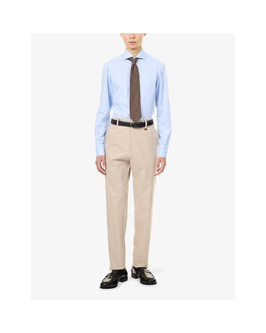 Finamore 1925 Blue Gingham-Print Long-Sleeve Cotton-Poplin Shirt for men